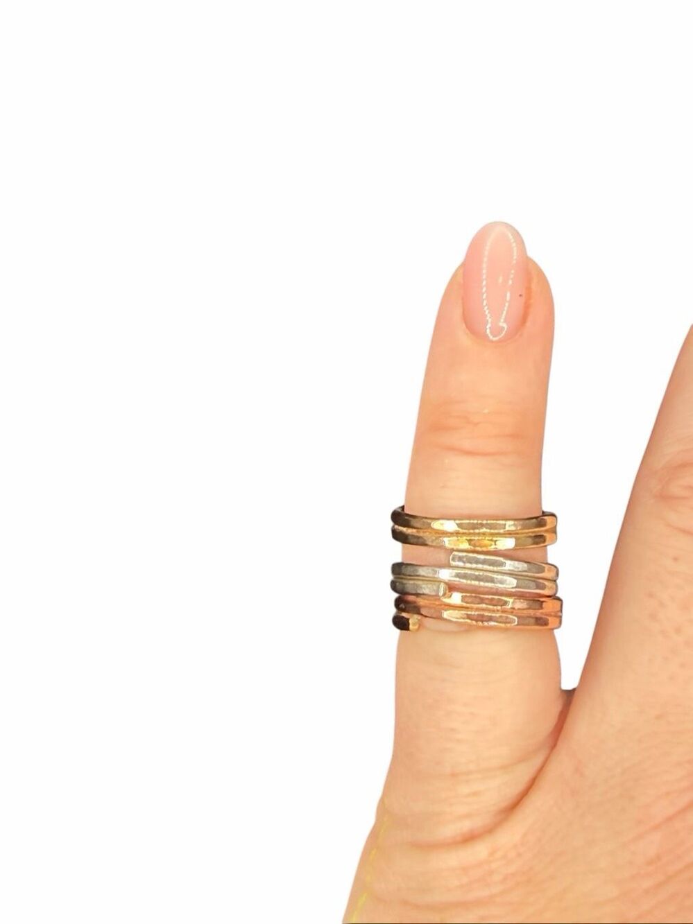 Custom made set of 3 rings in hammered metal- Silver, Gold, Rose Gold- Size 5